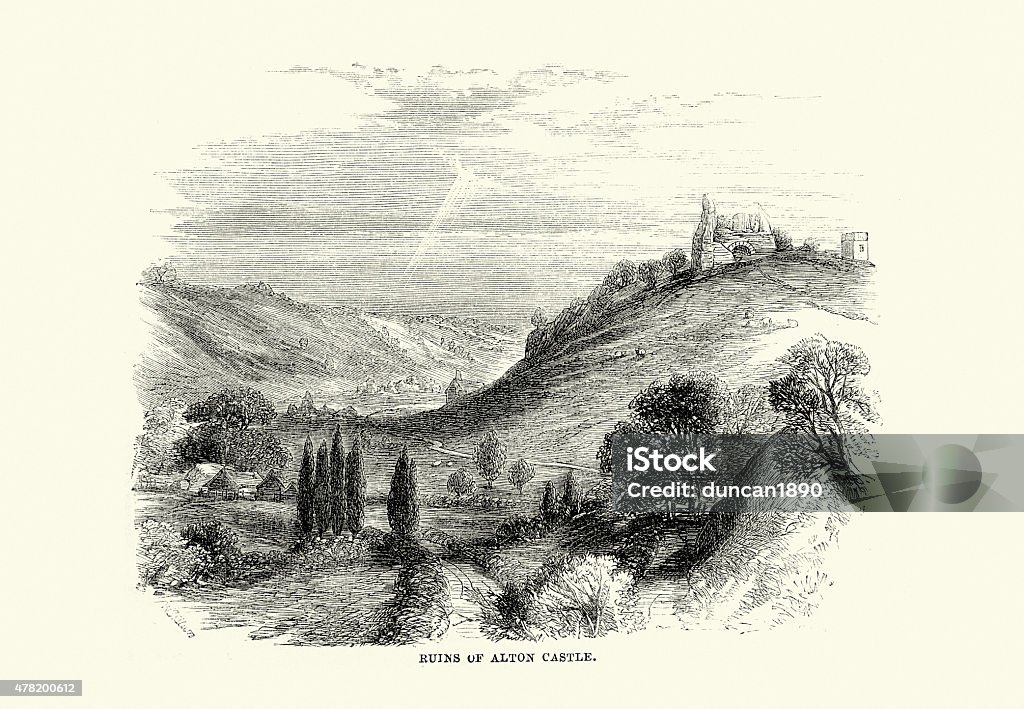 Ruins of Alton Castle Vintage engraving of Ruins of Alton Castle, Alton Castle is a Gothic-revival castle, located on a hill above the Churnet Valley, in the village of Alton, Staffordshire. The site has been fortified since Saxon times, with the original castle dating from the 12th-century. 1869 2015 stock illustration
