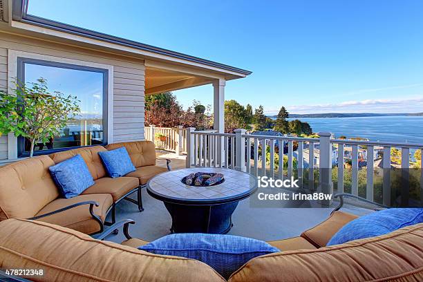 Cozy Patio Area With Puget Sound View Tacoma Wa Stock Photo - Download Image Now - Fire Pit, Patio, Mansion