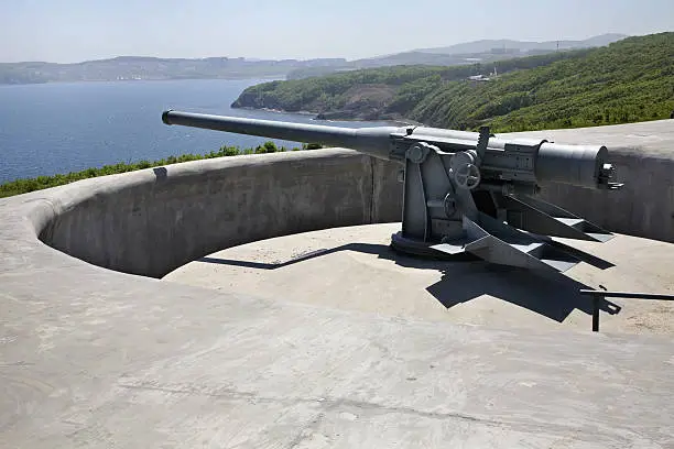 Novosiltsevskaya coast battery in Vladivostok fortress. Russian island. Russia