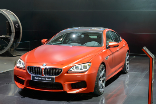 Brussels, Belgium - January 14, 2014: Red BMW M6 Gran Coupe saloon sports car on display at the 2014 Brussels motor show.