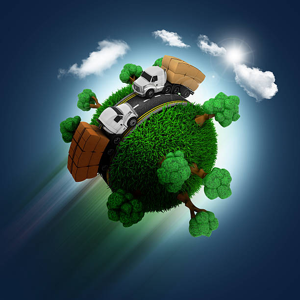 istock 3D grassy globe with trucks on a blue sky background 478215874