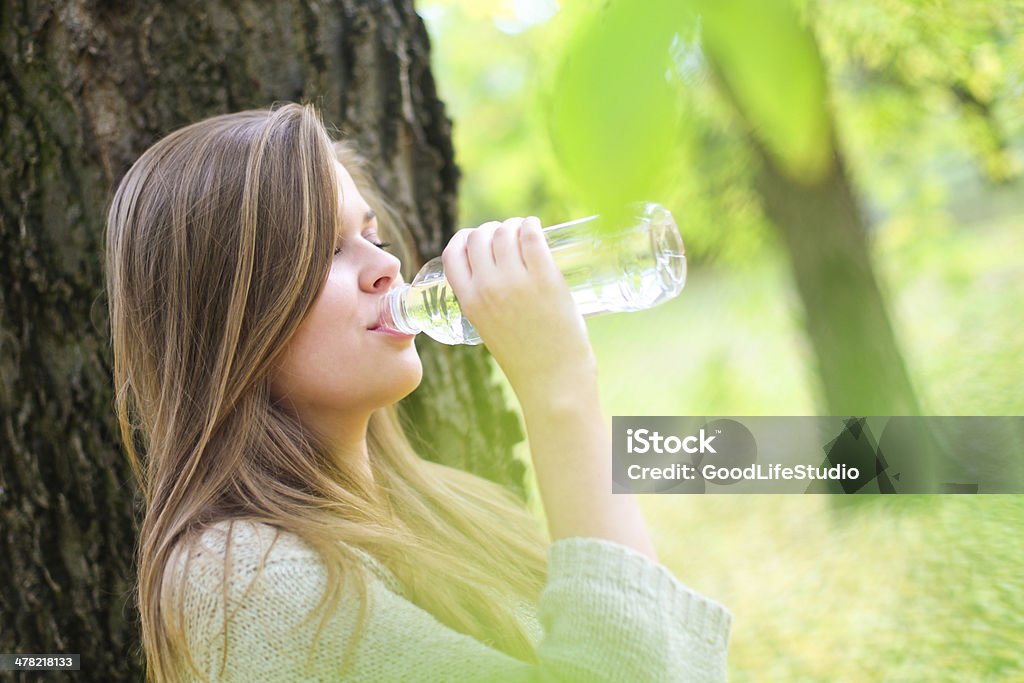 Healthy lifestyle Woman drinking from a water bottle Carbonated Stock Photo