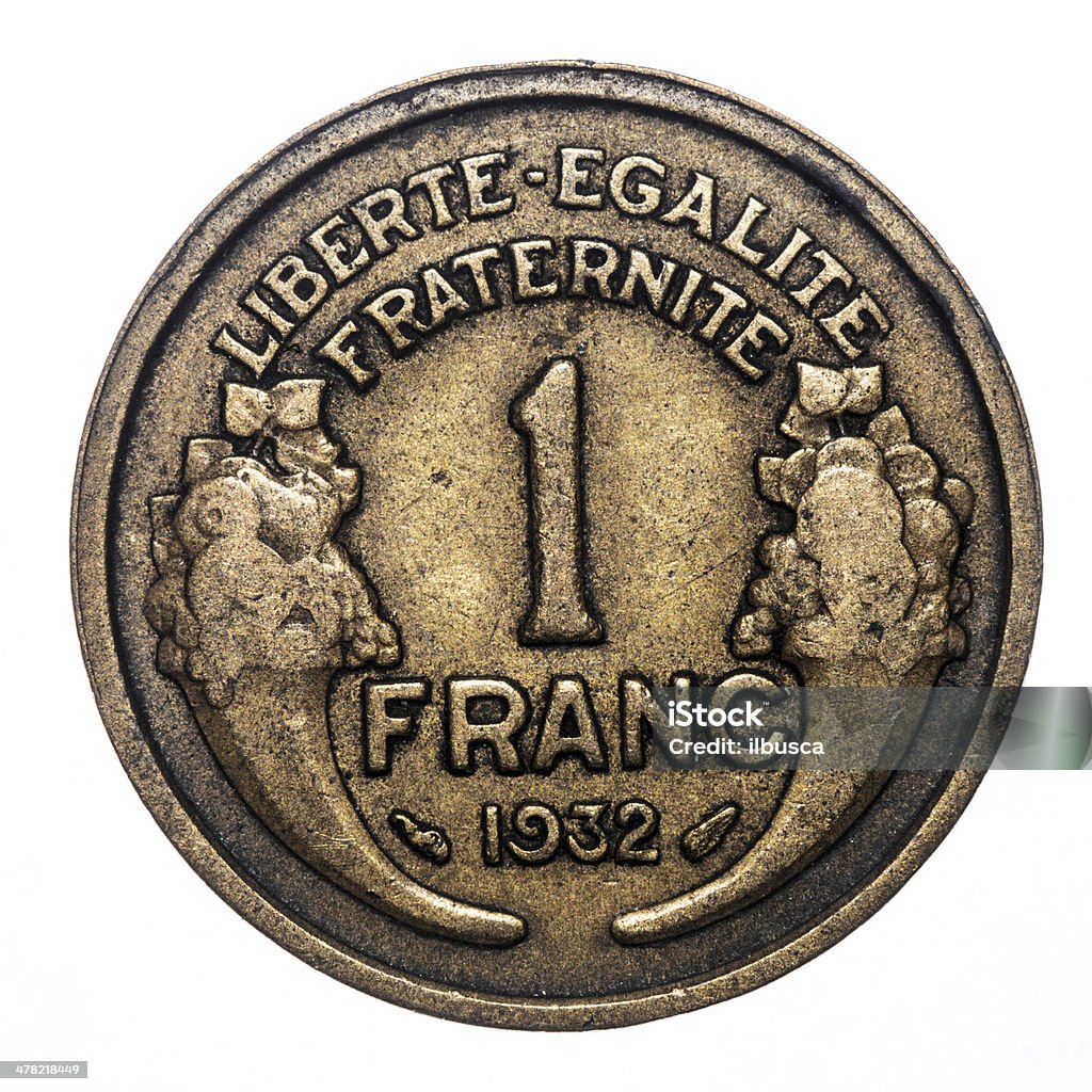 1 프랑스 프랑 동전 흰색 바탕에 그림자와 (1932 - 로열티 프리 0��명 스톡 사진