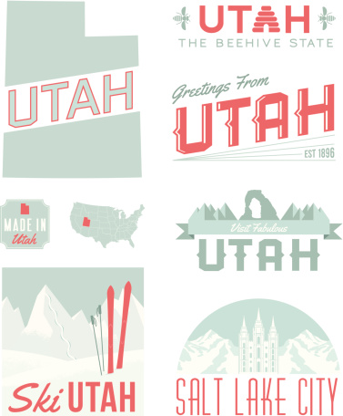 A set of vintage-style icons and typography representing the state of Utah, including Salt Lake City. Each items is on a separate layer. Includes a layered Photoshop document. Ideal for both print and web elements.