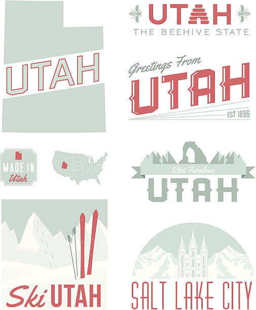 Utah Typography A set of vintage-style icons and typography representing the state of Utah, including Salt Lake City. Each items is on a separate layer. Includes a layered Photoshop document. Ideal for both print and web elements. utah stock illustrations