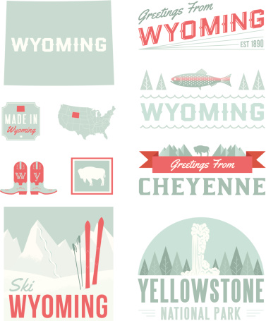 A set of vintage-style icons and typography representing the state of Idaho, including Cheyenne and Yellowstone. Each items is on a separate layer. Includes a layered Photoshop document. Ideal for both print and web elements.