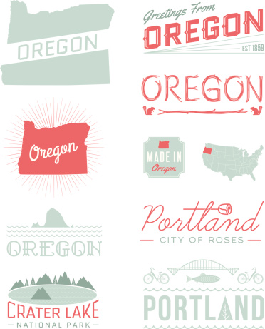 A set of vintage-style icons and typography representing the state of Oregon, including Portland and Crater Lake. Each items is on a separate layer. Includes a layered Photoshop document. Ideal for both print and web elements.