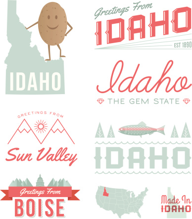 A set of vintage-style icons and typography representing the state of Idaho, including Sun Valley and Boise. Each items is on a separate layer. Includes a layered Photoshop document. Ideal for both print and web elements. Also includes the Idaho map with text without the potato.