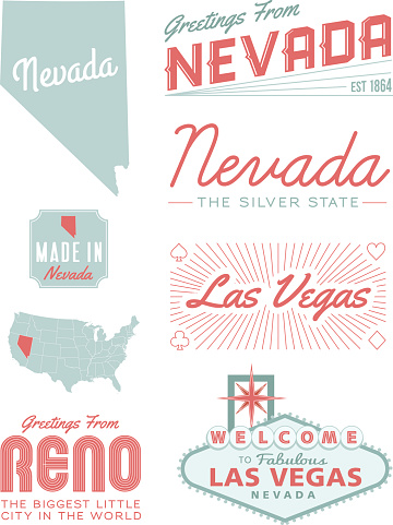 A set of vintage-style icons and typography representing the state of Nevada, including Las Vegas and Reno. Each items is on a separate layer. Includes a layered Photoshop document. Ideal for both print and web elements.