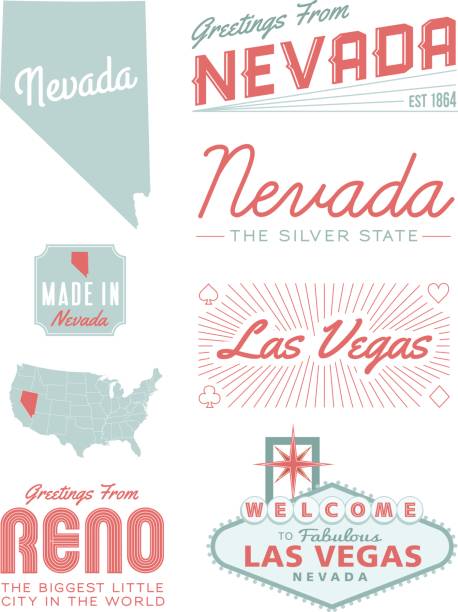 Nevada Typography A set of vintage-style icons and typography representing the state of Nevada, including Las Vegas and Reno. Each items is on a separate layer. Includes a layered Photoshop document. Ideal for both print and web elements. las vegas stock illustrations