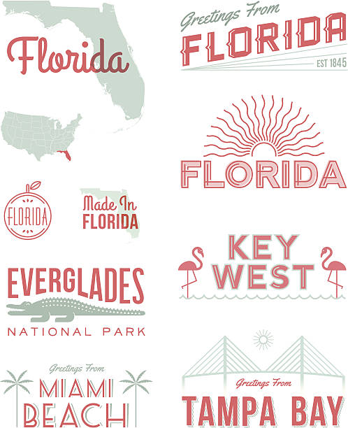 Florida Typography A set of vintage-style icons and typography representing the state of Florida, including Key West, Miami Beach, Tampa and the Everglades. Each items is on a separate layer. Includes a layered Photoshop document. Ideal for both print and web elements. florida stock illustrations
