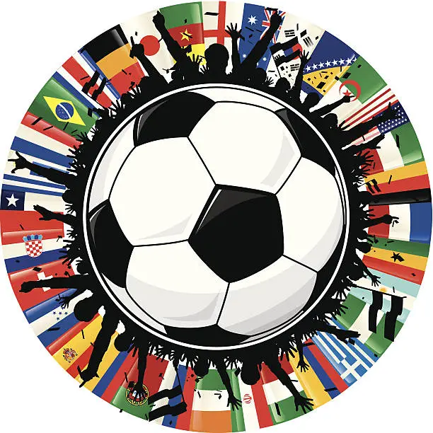 Vector illustration of Soccer Ball, Cheering Fans, and Circle of Flags