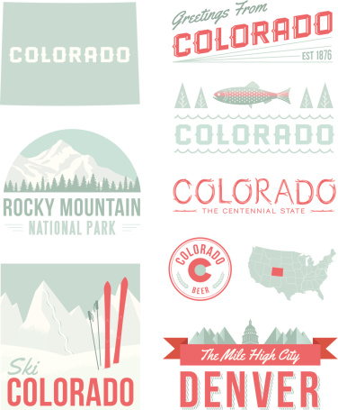 A set of vintage-style icons and typography representing the state of Colorado, including Denver and Rocky Mountain National Park. Each items is on a separate layer. Includes a layered Photoshop document. Ideal for both print and web elements.