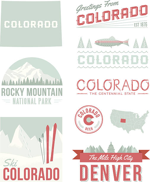 Colorado Typography A set of vintage-style icons and typography representing the state of Colorado, including Denver and Rocky Mountain National Park. Each items is on a separate layer. Includes a layered Photoshop document. Ideal for both print and web elements. colorado illustrations stock illustrations