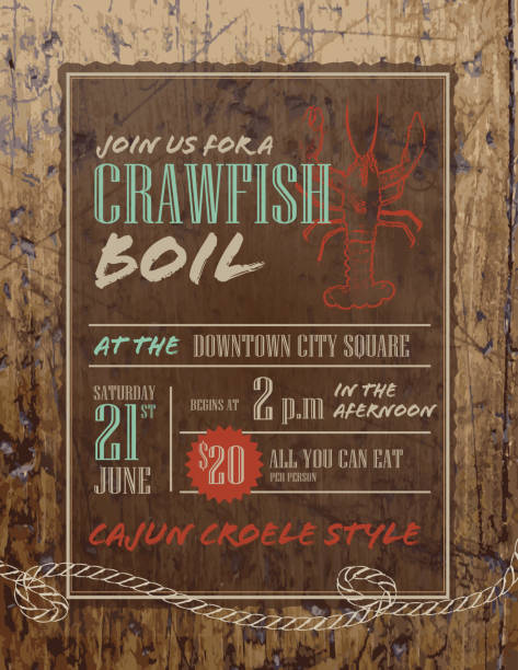 Crawfish Boil invitation design template on rustic wooden background Vector illustration of a Crawfish boil invitation design template. https://farm3.staticflickr.com/2273/13065883674_1f9b1ba1f8_o.jpg cajun stock illustrations
