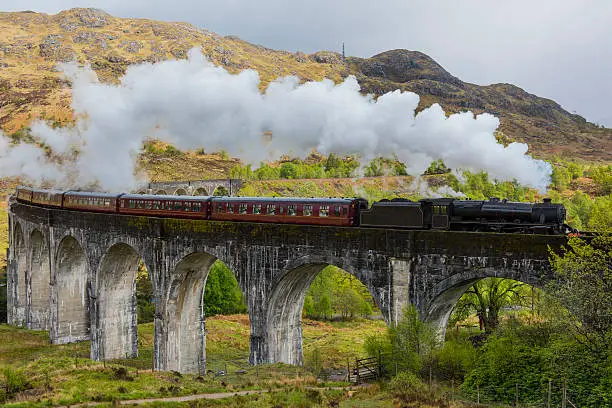 Steam train on Glenfinnan viaduct. Scotland. United Kingdom. Made famous from Harry Potter