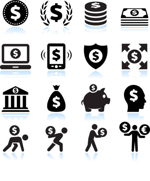 dolar finanse i pieniądze czarny & białe wektor zestaw ikon - newspaper the media digital tablet digitally generated image stock illustrations
