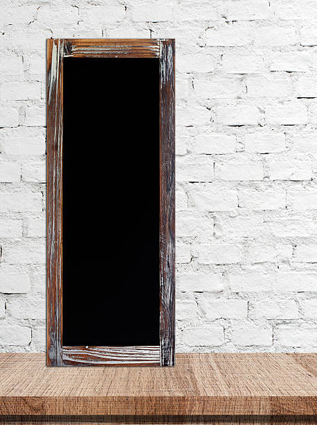 istock Blank vintage chalk board over white brick wall 478223858