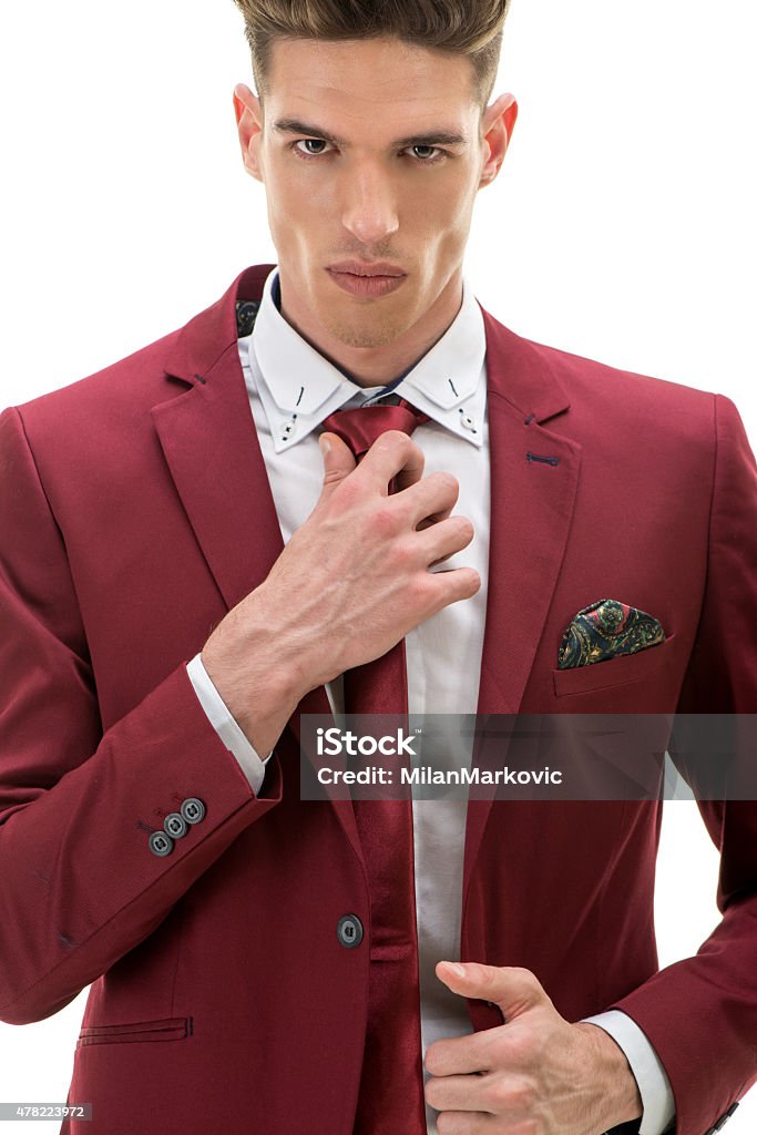 Portrait Of A Handsome Man In Suit Serious young man looking at camera and doing his tie. White background. 2015 Stock Photo