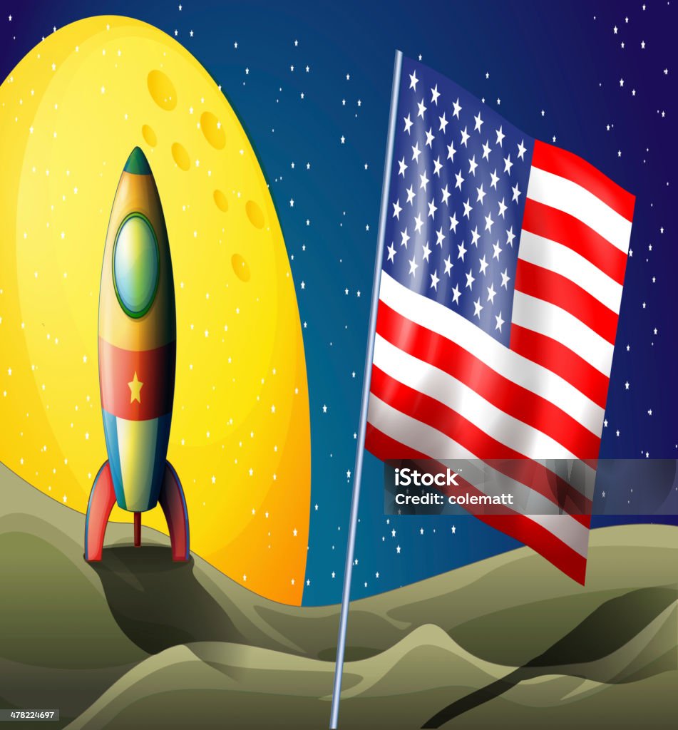 Razzo spaziale atterraggio con una bandiera USA - arte vettoriale royalty-free di Bandiera