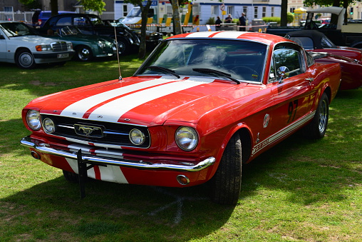 Jersey, U.K. - June 6, 2015: The Ford Shelby Mustang GT500 Cobra classic car at the Jersey car festival at People's park.