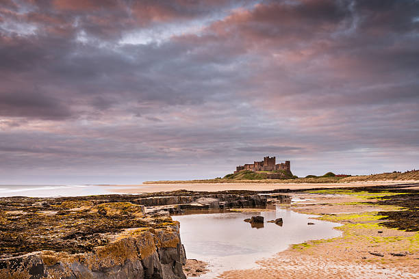 castillo de bamburgh después del amanecer - bamburgh northumberland england beach cloud fotografías e imágenes de stock