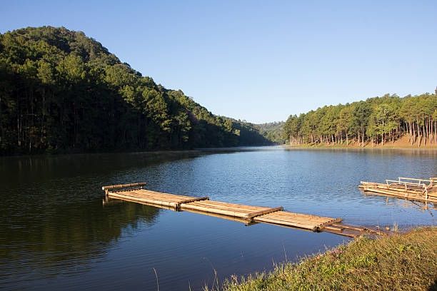 Bamboo raft floating in the lake in natural atmosphere