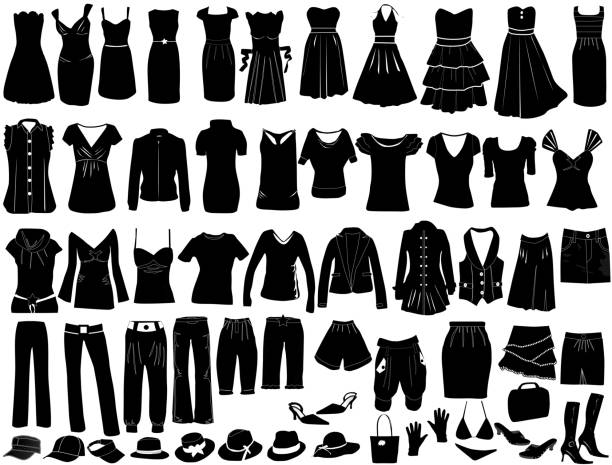 ilustrações, clipart, desenhos animados e ícones de vestidos de noite e acessórios - cardigan button blouse vector