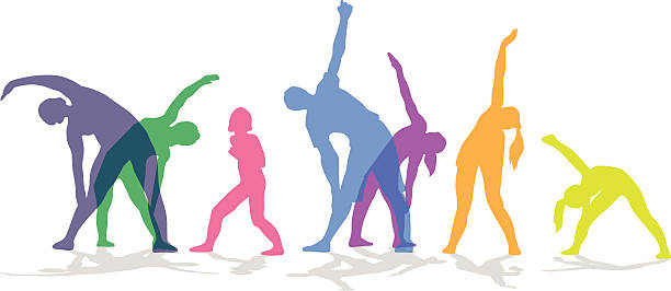 Exercise In Group Colored A vector silhouette illustration of a group of colourful people stretching and moving doing yoga. person stretching stock illustrations
