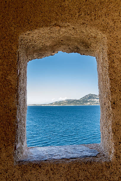 The view across Calvi bay from a lookout in the citadel in Calvi in the Balagne region of Corsica