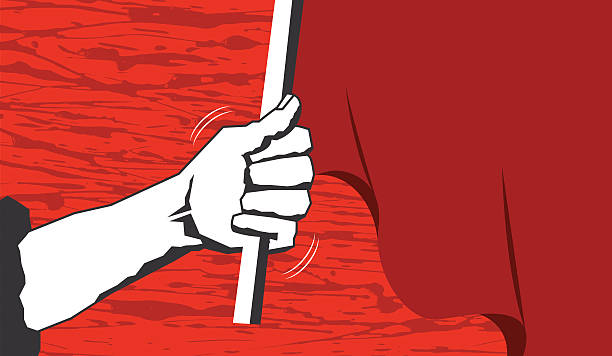 Red flag An arm raising high a red flag. ideology stock illustrations