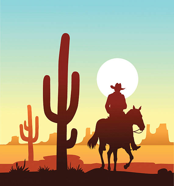 Lone Cowboy Riding in the Desert All images are placed on separate layers. They can be removed or altered if you need to. Some gradients were used. No transparencies.  vintage cowboy stock illustrations