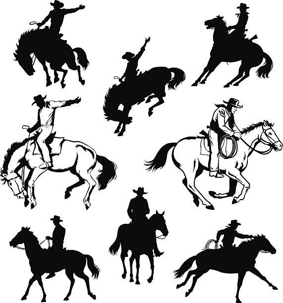 Cowboy and Horse - Drawings and Silhouettes All images are placed on separate layers. They can be removed or altered if you need to. Some gradients were used. No transparencies.  rodeo stock illustrations
