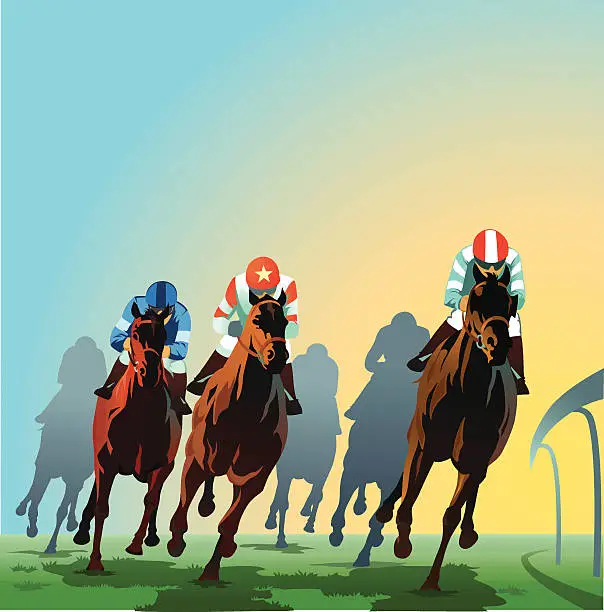 Vector illustration of Horses Racing Around the Bend - Front View