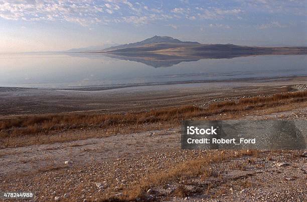 Reflection Antelope Island And Exposed Shorelines Great Salt Lake Utah Stock Photo - Download Image Now