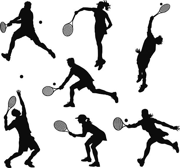 테니스 선수들이 실루엣 - tennis serving silhouette racket stock illustrations