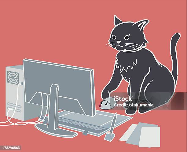 Computer String Cat Cat Using A Computer Stock Illustration - Download Image Now - Computer ...