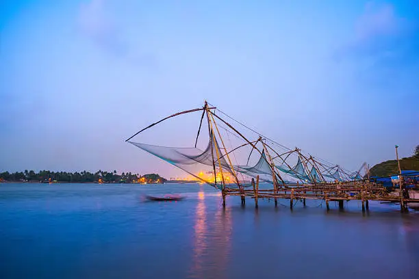 Kochi chinese fishnets in twilight, Kerala. Fort Kochin, Kochi, Kerala, south India