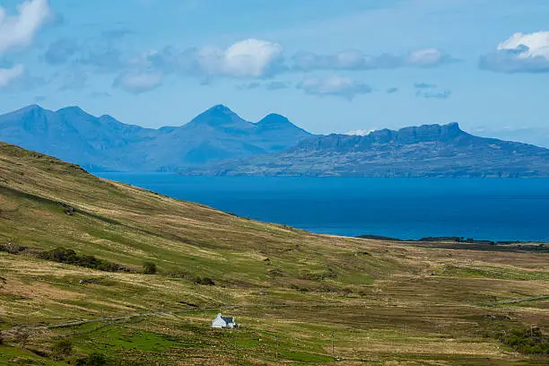 View over the inner hebridean islands of Eigg and Rum, Scottish Highlands, Scotland, UK