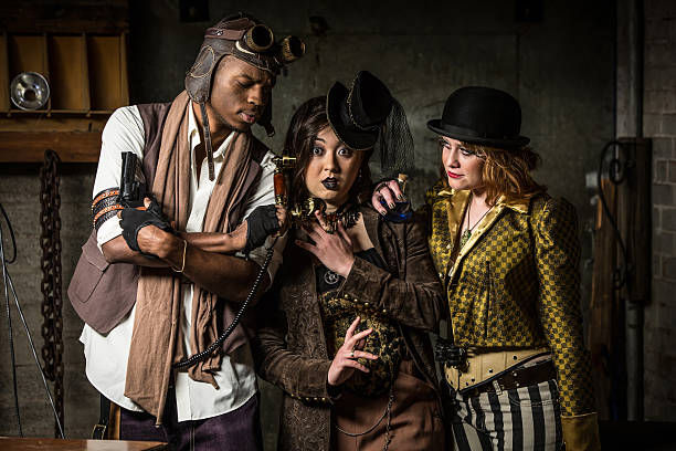 Steampunk Trio with Phone Three Steampunks with Underground Lair with Retro Phone steampunk pistol pictures stock pictures, royalty-free photos & images
