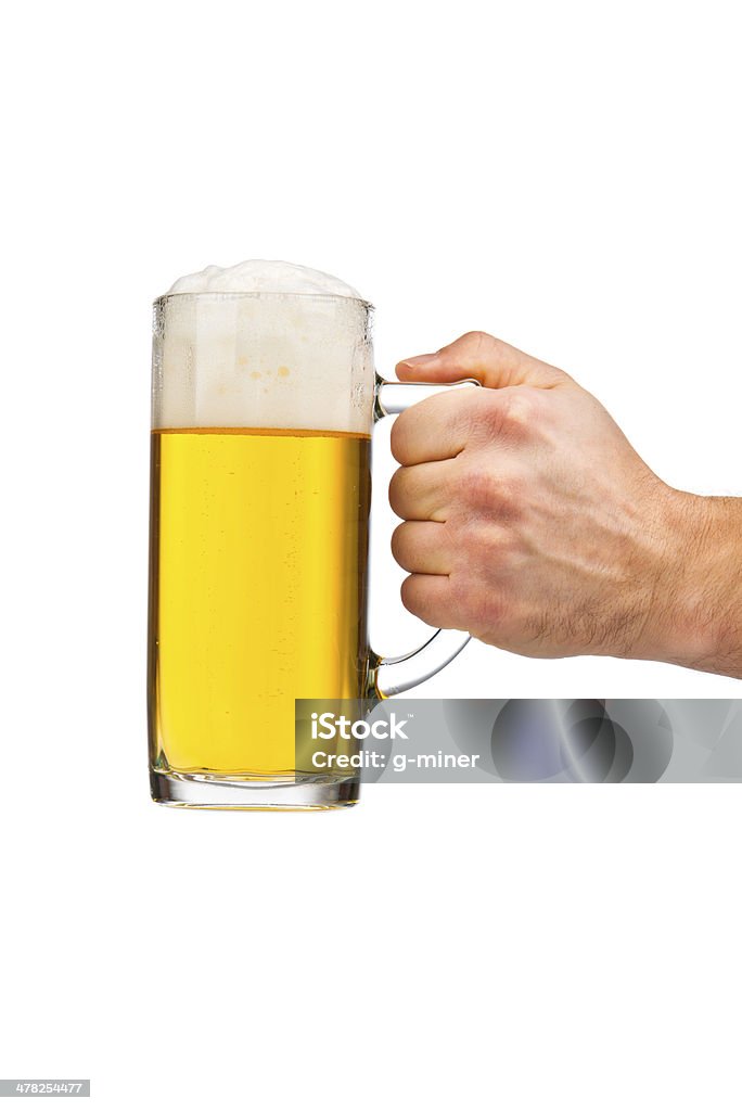 Glass of fresh beer in male hand Glass of fresh beer on white background Adult Stock Photo