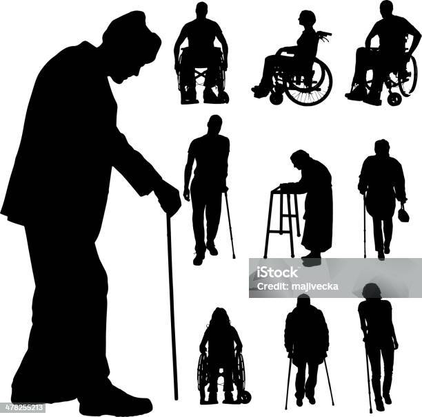 Ilustración de Vector Silueta De Las Personas Con Discapacidad y más Vectores Libres de Derechos de Andar - Andar, Bastón - Accesorio personal, Silla de ruedas