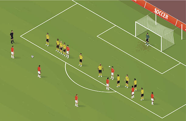 Isometric Soccer FreeKick Detailed isometric freekick. Layered and grouped for editability. Download includes EPS file and hi-res jpeg. midfielder stock illustrations