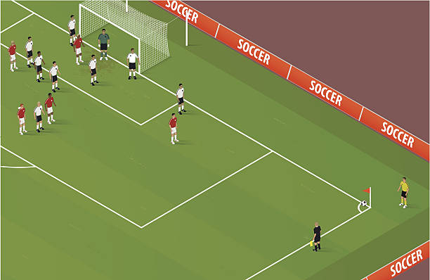 Isometric Soccer Corner Kick Detailed isometric corner kick. Layered and grouped for editability. Download includes EPS file and hi-res jpeg. midfielder stock illustrations