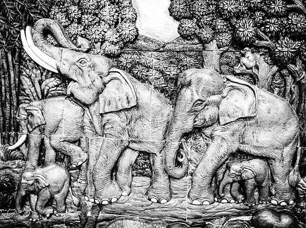 Elephant wood wallpaper black and white in the temple of Thailand