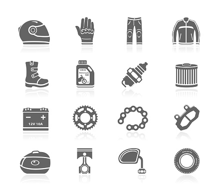 Motorcycle gear and accessories icons.
