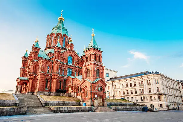 Uspenski Cathedral, Helsinki On Hill At Summer Sunny Day. Red Church - Tourist destination In Finnish Capital, Finland.