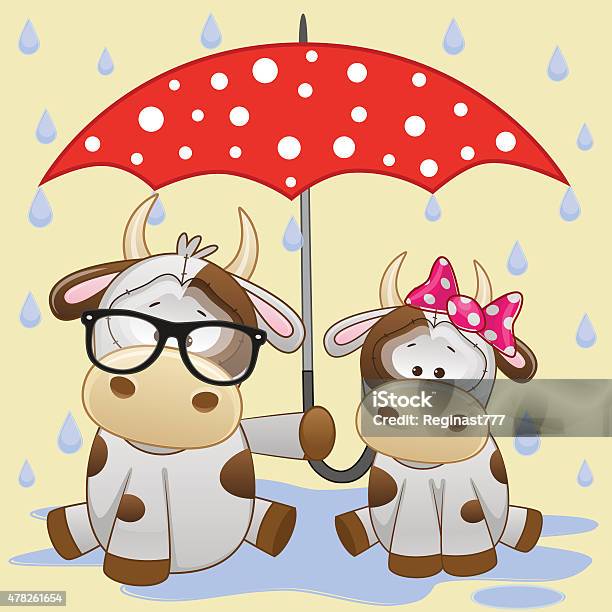Two Cows With Umbrella Stock Illustration - Download Image Now - 2015, Adult, Animal