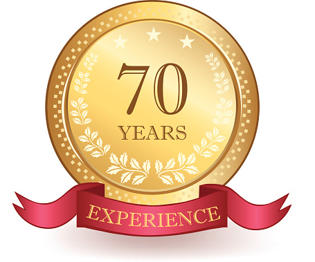Gold, decorative seventy years experience banner.