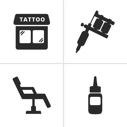 Simple tattoo icons including tattoo machine, shop, ink and chair